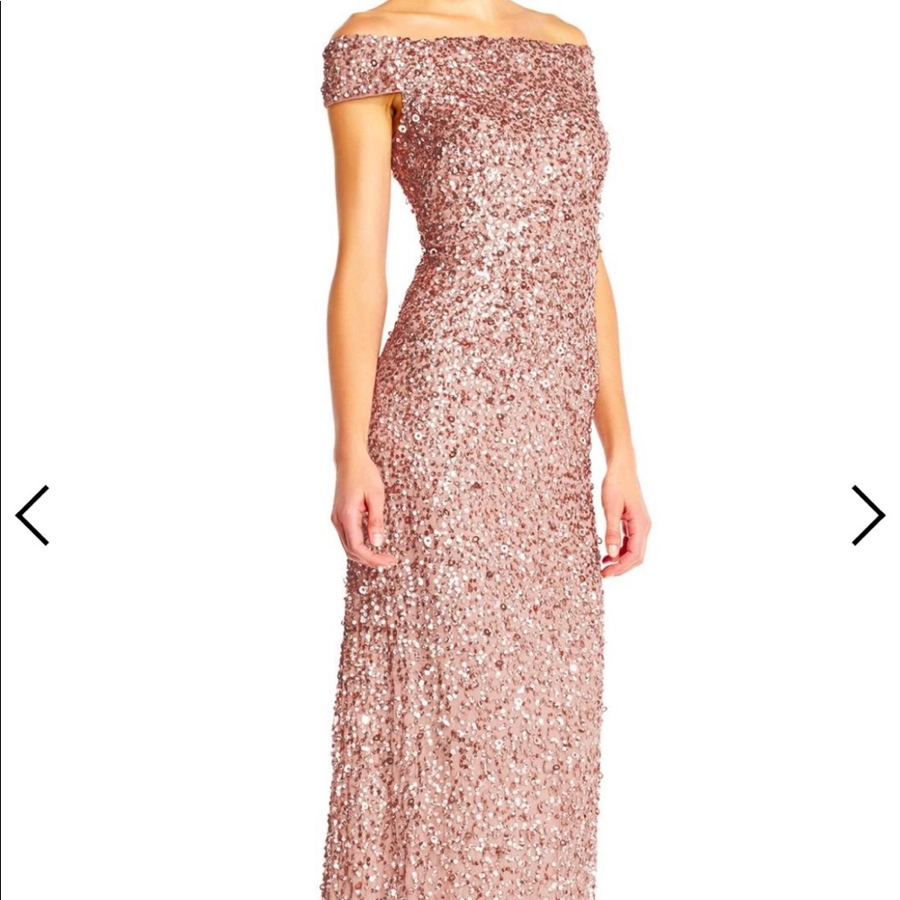 Adrianna Papell off the shoulder gold sequin dress
